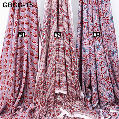 Block-Printed Floral Cotton Fabric, Red, Lavender, White, Summer Dress Sewing Material