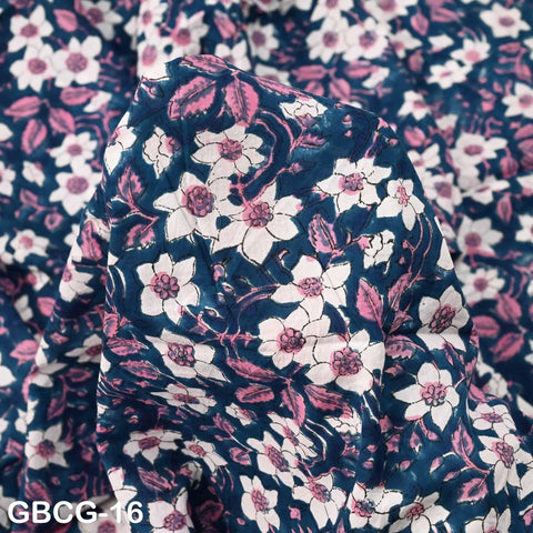Block-Printed Floral Cotton Fabric, Women's Summer Dress, Sleepwear, Kids Pajamas Sewing Material by the Yard, Pink and Blue