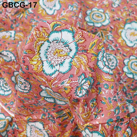 Block Printed Floral Cotton Fabric, Peach, Yellow, Green, Summer Apparel Sewing Material