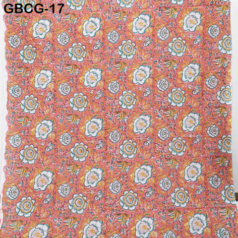 Block Printed Floral Cotton Fabric, Peach, Yellow, Green, Summer Apparel Sewing Material
