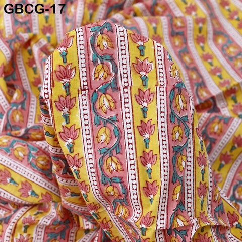 Block Printed Floral Cotton Fabric, Peach, Yellow, Green, Summer Apparel Sewing Material