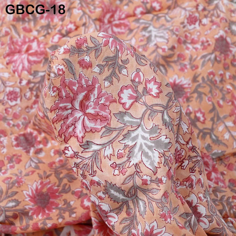 Hand Block Printed Floral Cotton Fabric, Soft Medium-Weight, Sewing Crafting Material By Yard