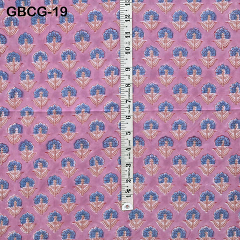 Block-Printed Floral Cotton Fabric, Summer Dress Sewing Material by the Yard, Pink, Blue