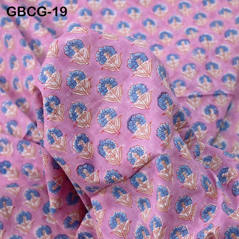 Block-Printed Floral Cotton Fabric, Summer Dress Sewing Material by the Yard, Pink, Blue