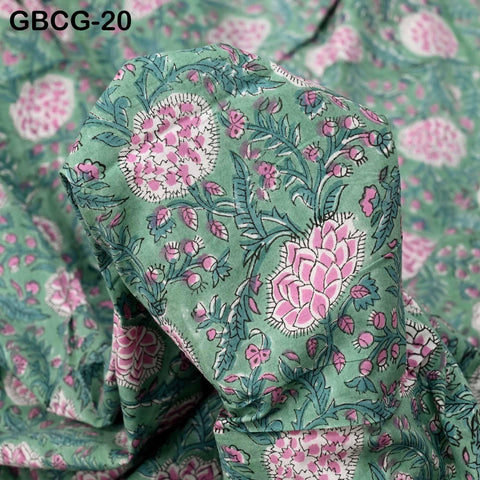Block-Printed Floral Cotton Fabric, Summer Dress Sewing Material by the Yard, Green, Pink
