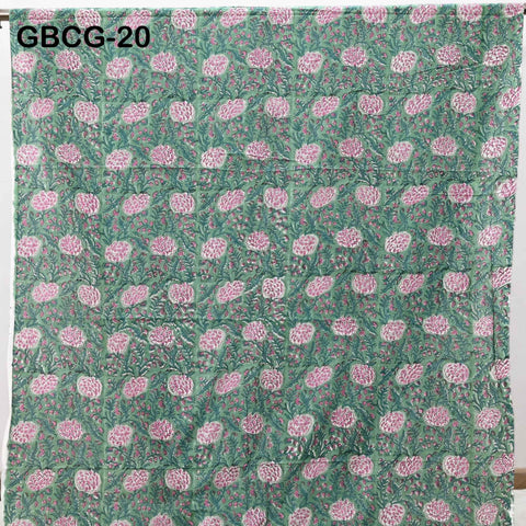 Block-Printed Floral Cotton Fabric, Summer Dress Sewing Material by the Yard, Green, Pink