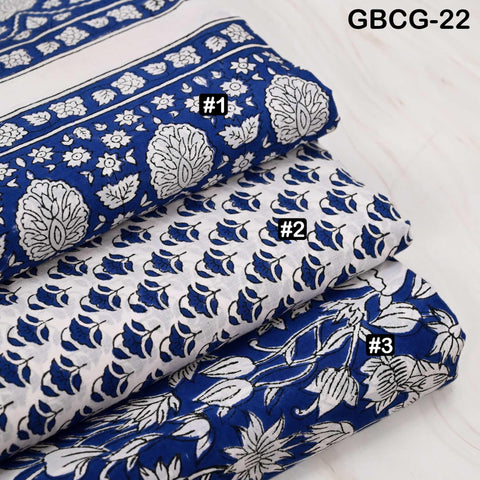 Block Printed Floral Cotton Fabric, Blue, White, Summer Dress Sewing Material