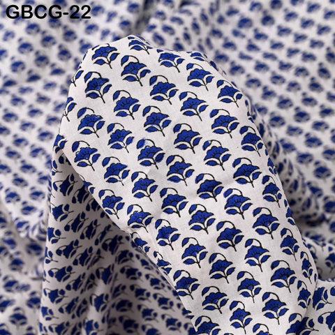 Block Printed Floral Cotton Fabric, Blue, White, Summer Dress Sewing Material