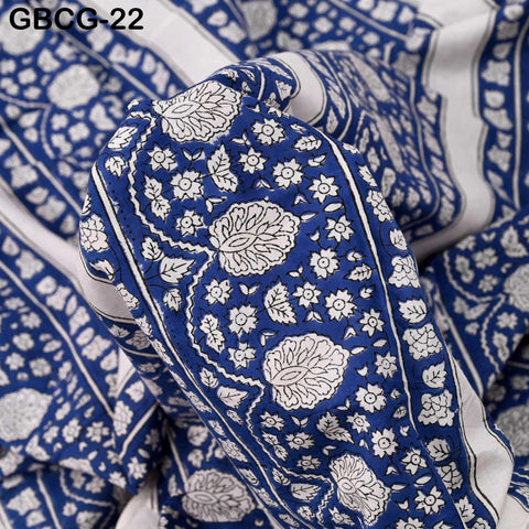 Block Printed Floral Cotton Fabric, Blue, White, Summer Dress Sewing Material