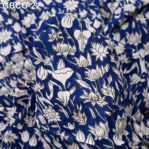 Block Printed Floral Cotton Fabric, Blue, White, Summer Dress Sewing Material