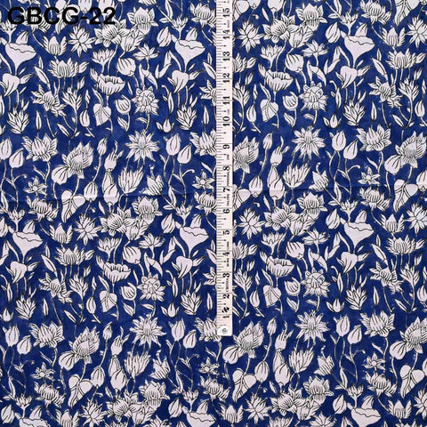 Block Printed Floral Cotton Fabric, Blue, White, Summer Dress Sewing Material