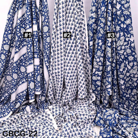 Block Printed Floral Cotton Fabric, Blue, White, Summer Dress Sewing Material