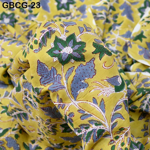 Block Printed Cotton Fabric, Yellow Floral Summer Dress Sewing Material, Soft Cotton by Yard