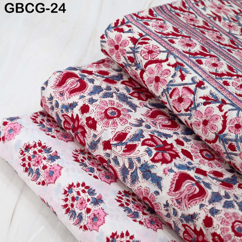 Block-Printed Floral Cotton Fabric, Summer Dress, Sleepwear Pajamas Sewing Material by the Yard, Red and Grey