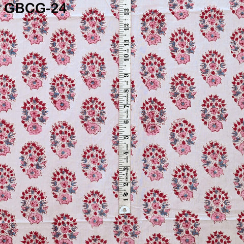 Block-Printed Floral Cotton Fabric, Summer Dress, Sleepwear Pajamas Sewing Material by the Yard, Red and Grey