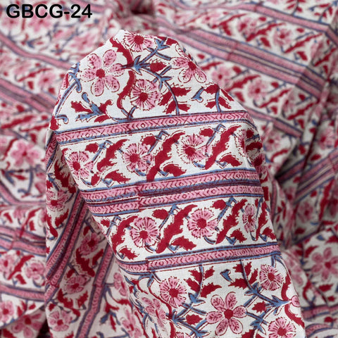 Block-Printed Floral Cotton Fabric, Summer Dress, Sleepwear Pajamas Sewing Material by the Yard, Red and Grey