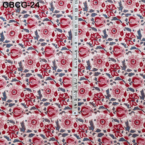 Block-Printed Floral Cotton Fabric, Summer Dress, Sleepwear Pajamas Sewing Material by the Yard, Red and Grey