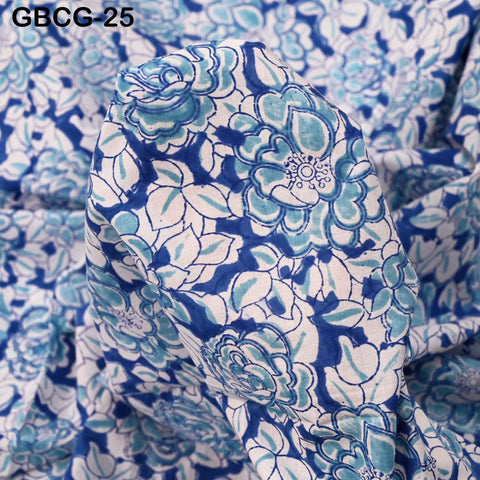 Hand Block Printed Cotton Fabric, Blue, White, Summer Dresses Sewing Material