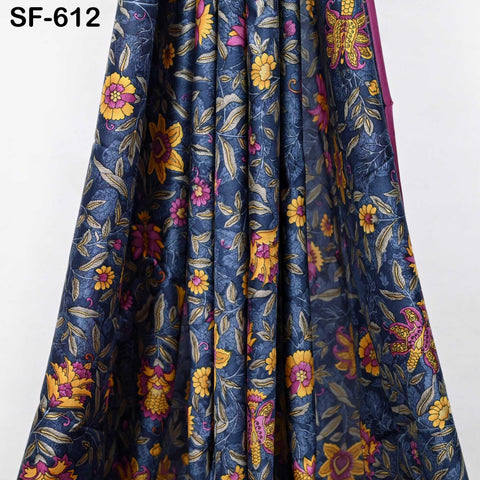 Floral Print Silk Fabric by the Yard: Navy Blue, Magenta, Yellow Habotai Material Party Wedding Dresses Bridesmaid Brides