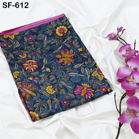 Floral Print Silk Fabric by the Yard: Navy Blue, Magenta, Yellow Habotai Material Party Wedding Dresses Bridesmaid Brides