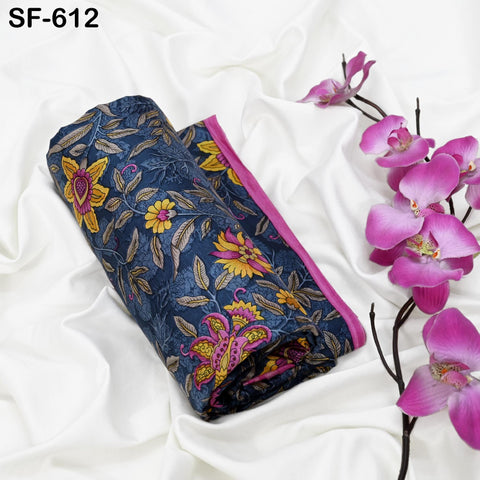 Floral Print Silk Fabric by the Yard: Navy Blue, Magenta, Yellow Habotai Material Party Wedding Dresses Bridesmaid Brides