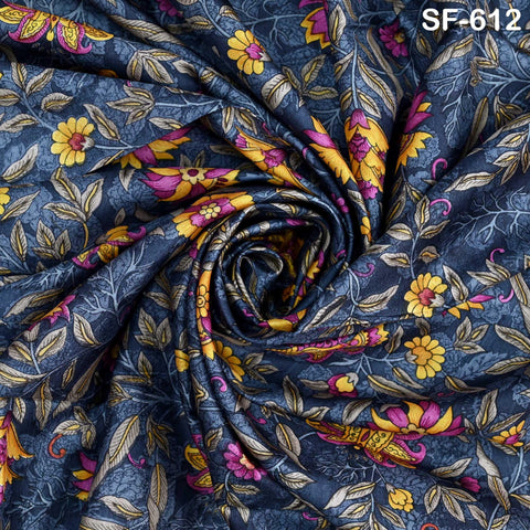 Floral Print Silk Fabric by the Yard: Navy Blue, Magenta, Yellow Habotai Material Party Wedding Dresses Bridesmaid Brides