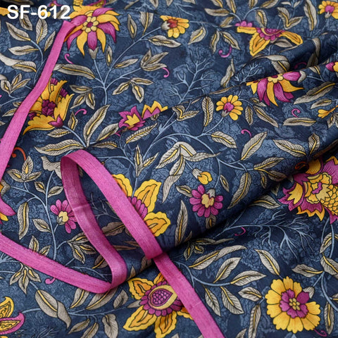 Floral Print Silk Fabric by the Yard: Navy Blue, Magenta, Yellow Habotai Material Party Wedding Dresses Bridesmaid Brides