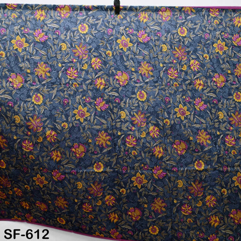 Floral Print Silk Fabric by the Yard: Navy Blue, Magenta, Yellow Habotai Material Party Wedding Dresses Bridesmaid Brides