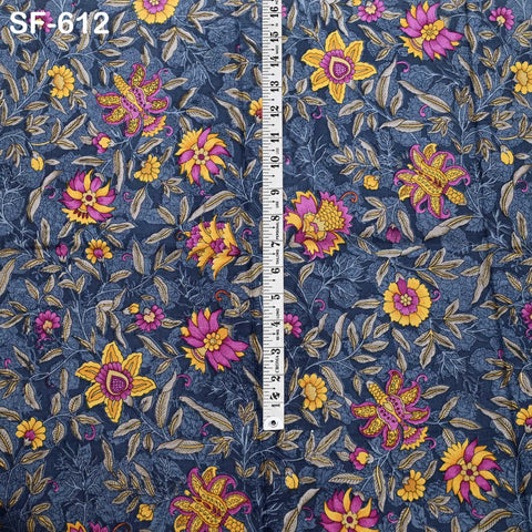 Floral Print Silk Fabric by the Yard: Navy Blue, Magenta, Yellow Habotai Material Party Wedding Dresses Bridesmaid Brides