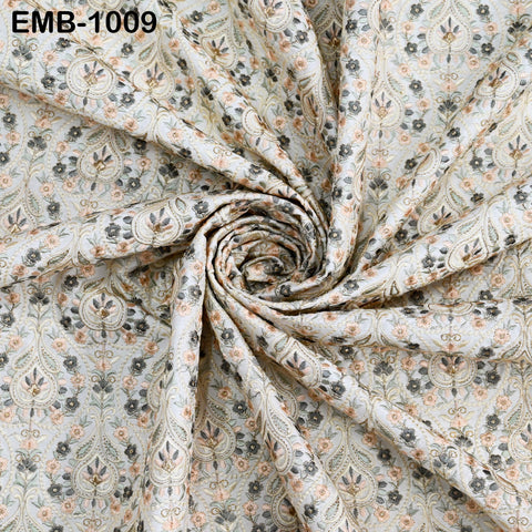 Embroidered Fabric by the Yard: Indian Floral Viscose Dupioni, Sewing Crafting Material