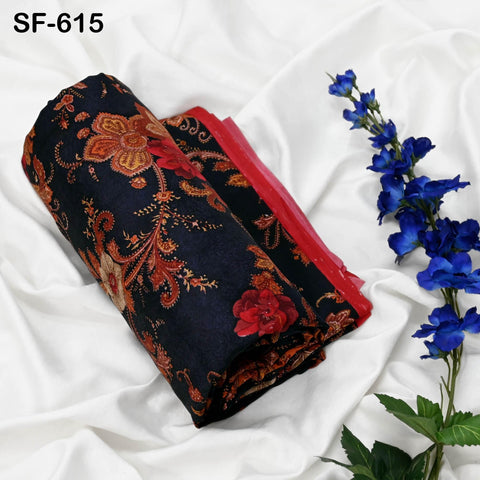 Floral Print Silk Fabric by the Yard: Navy Blue, Orange, Red Habotai Material Party Wedding Dresses Bridesmaid Brides