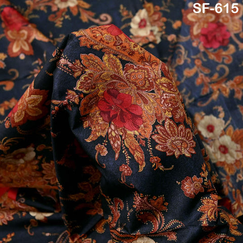 Floral Print Silk Fabric by the Yard: Navy Blue, Orange, Red Habotai Material Party Wedding Dresses Bridesmaid Brides