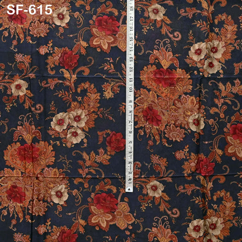 Floral Print Silk Fabric by the Yard: Navy Blue, Orange, Red Habotai Material Party Wedding Dresses Bridesmaid Brides