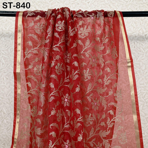 Organza Dupatta Red Embroidery, Gold Indian Women Head Scarf, Wedding Dress Matching Stole, Boho Stoles Evening Scarves Gifts For Bridesmaid