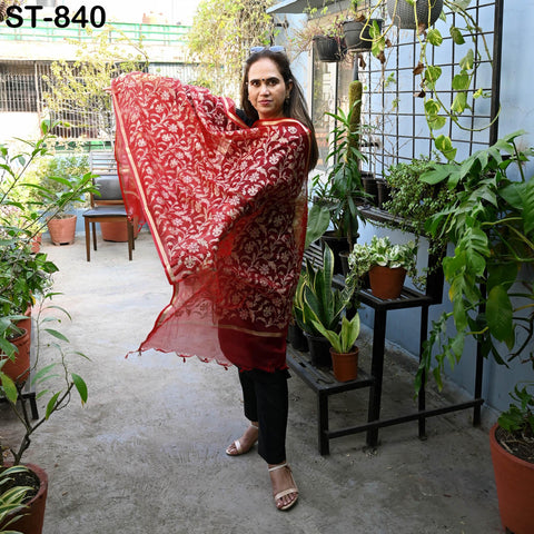 Organza Dupatta Red Embroidery, Gold Indian Women Head Scarf, Wedding Dress Matching Stole, Boho Stoles Evening Scarves Gifts For Bridesmaid