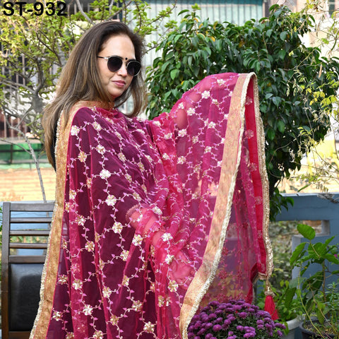 Magenta Net Dupatta for Women/Girl | Embroidered Light Weight Chunni, Traditional Lehenga Wedding/Bridal Veil | Indian Scarf/Stole for Dress