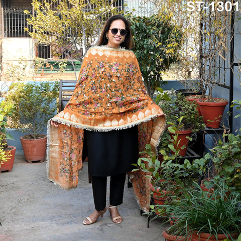 Mustard Floral Organza Dupatta | Gold Brocade Border | Indian Printed Wedding Scarf | Women Ethnic Bridal Party Wear Lightweight Dupatta