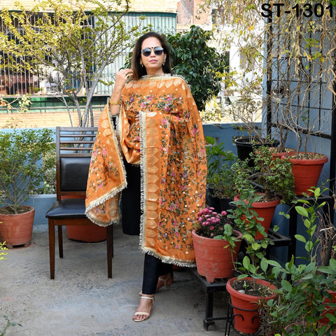 Mustard Floral Organza Dupatta | Gold Brocade Border | Indian Printed Wedding Scarf | Women Ethnic Bridal Party Wear Lightweight Dupatta