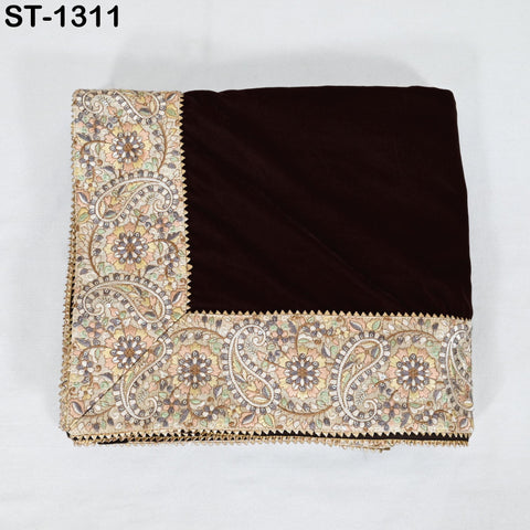 Brown Velvet Shawl Dupatta—Embroidered Floral Border Wrap for Bridal, Partywear & Groom Sherwani
