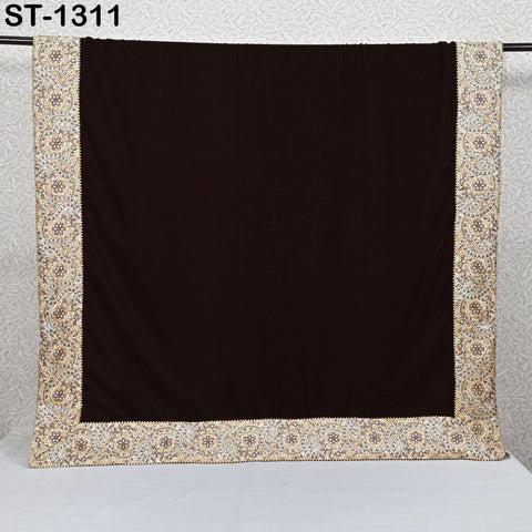 Brown Velvet Shawl Dupatta—Embroidered Floral Border Wrap for Bridal, Partywear & Groom Sherwani
