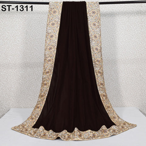 Brown Velvet Shawl Dupatta—Embroidered Floral Border Wrap for Bridal, Partywear & Groom Sherwani