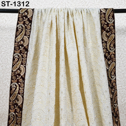 Ivory Velvet Shawl Designer Dupatta Embroidery on edges, Gift Women Indian Embroidered Chunni Bridal Veil Lehenga Festival Punjabi Wedding