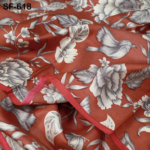 Brick Red Pure Habotai Printed Silk by the Yard Indian Saree Soft Flowy Fabric Wedding Dress Bridesmaid Costumes Crafting Sewing Scarves