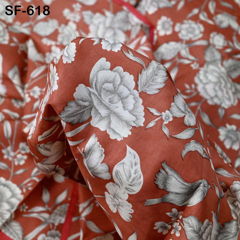 Brick Red Pure Habotai Printed Silk by the Yard Indian Saree Soft Flowy Fabric Wedding Dress Bridesmaid Costumes Crafting Sewing Scarves