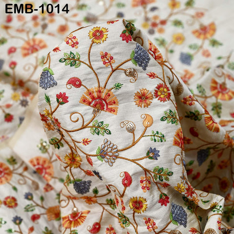 Beige Viscose Silk Embroidered Fabric by Yard: Floral Sequins, Crafting, Apparel, Home Decor