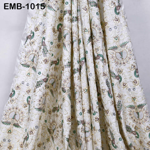 White Embroidered Fabric by the yard Sewing Crafting Indian Embroidery Textile Wedding Dress Costumes Regency Reticules Victorian Handbags