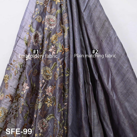 Pure Tussar Silk Embroidered Fabric by yard Indian Grey Embroidery Raw Silk Wild Natural Handmade Peace Silk Tussah Dress Material