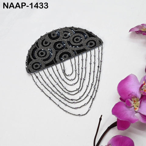 1 Pair Beaded Tassel Shoulder Patches: Black Epaulet Appliqués