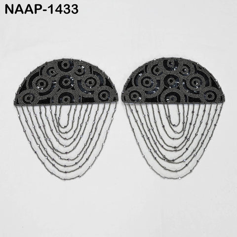 1 Pair Beaded Tassel Shoulder Patches: Black Epaulet Appliqués