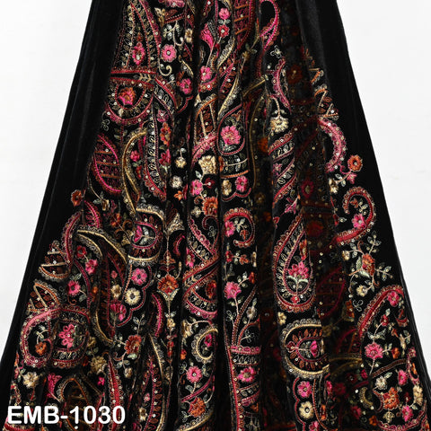 54" Black Embroidery Velvet Fabric by the yard for Indian Wedding Dress Regency Reticules, Victorian Handbags, Marie Antoinette Junk Journal